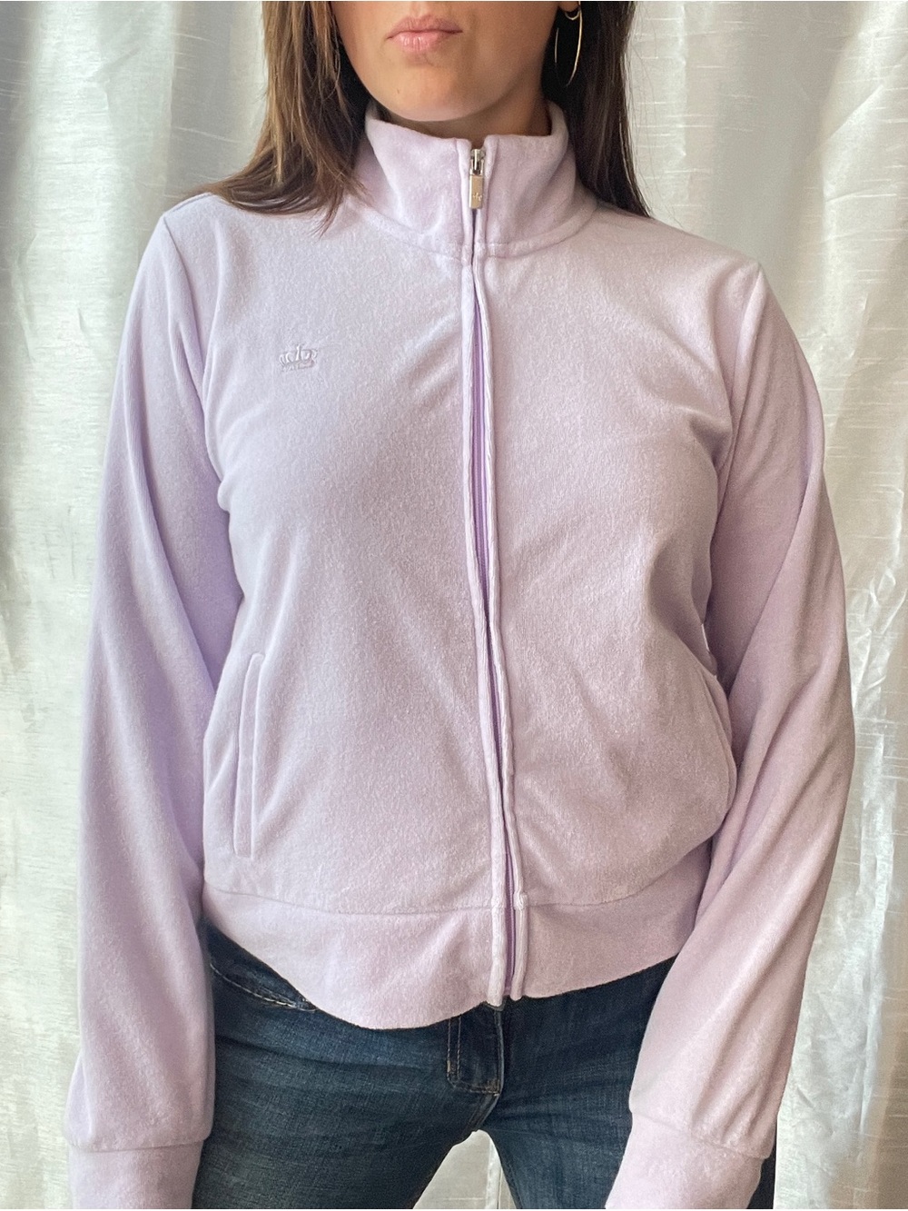 Juicy Couture Zip Up Jacket Women Large Purple Full Zip Mock Neck Athleisure Y2K